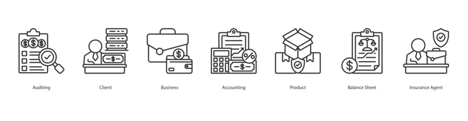 Auditing Service banner web icon set vector illustration concept with icon of auditing, client, business, accounting, product, balance sheet, insurance agent