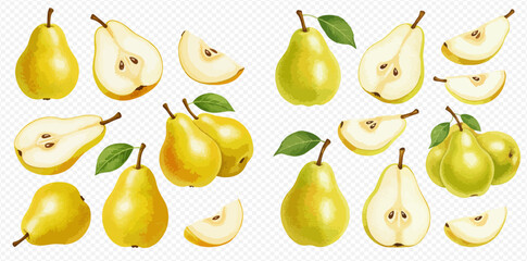A collection of ripe yellow and green pears, shown whole, halved, and sliced on a transparent background.