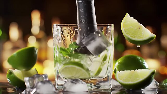 Close Up Captivating Refreshing Mojito Cocktail with Ice Cubes Fresh Mint and Lime Wedges Being Muddling in Square Glass on a Brown Background for a Summer Promotion and National Mojito Day Ads