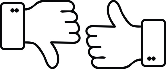 Mixed thumbs up and down icons representing customer feedback, pros and cons, approval and disapproval, transparent background