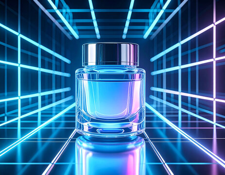 Futuristic cosmetic jar floating weightlessly inside holographic neon grids, transparent glass reflections with metallic glowing edges, sharp geometric light effects, clean minimal advertisement.