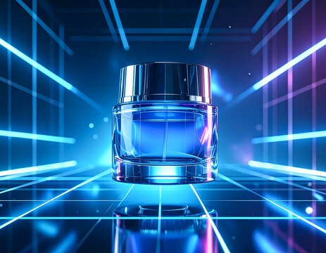 Futuristic cosmetic jar floating weightlessly inside holographic neon grids, transparent glass reflections with metallic glowing edges, sharp geometric light effects, clean minimal advertisement.