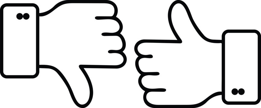 Mixed thumbs up and down icons representing customer feedback, pros and cons, approval and disapproval, transparent background