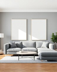 Fototapeta premium Modern living room with comfortable sectional sofa and blank wall art