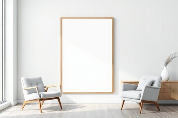Modern living room with two armchairs and a tall blank poster frame