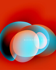 Abstract shapes overlap, creating vibrant color gradients. Red background contrasts with blue, orange hues. Modern design element.