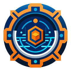 Tech-Themed Circular Badge with Glowing Orange-Blue Details