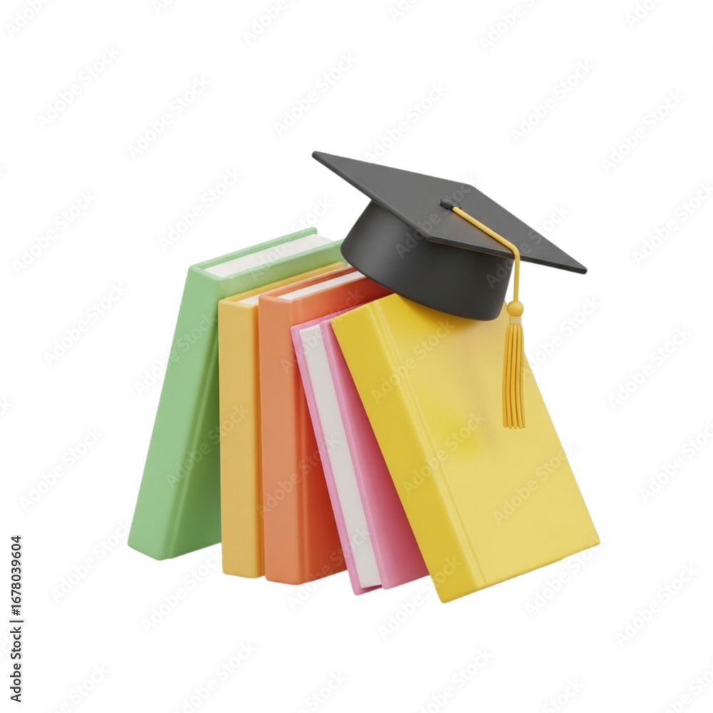 Aufkleber 3d icon of stack of colorful books with graduation cap isolated on transparent background