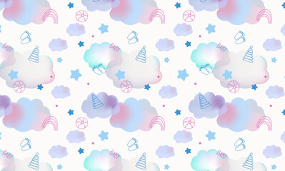Seamless vector baby pattern with pastel cloud background, stars, and baby toys for newborn gift wrap.	
