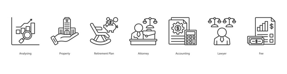 Financial Consulting banner web icon set vector illustration concept with icon of analysing, property, retirement plan, attorney, accounting, lawyer, fee