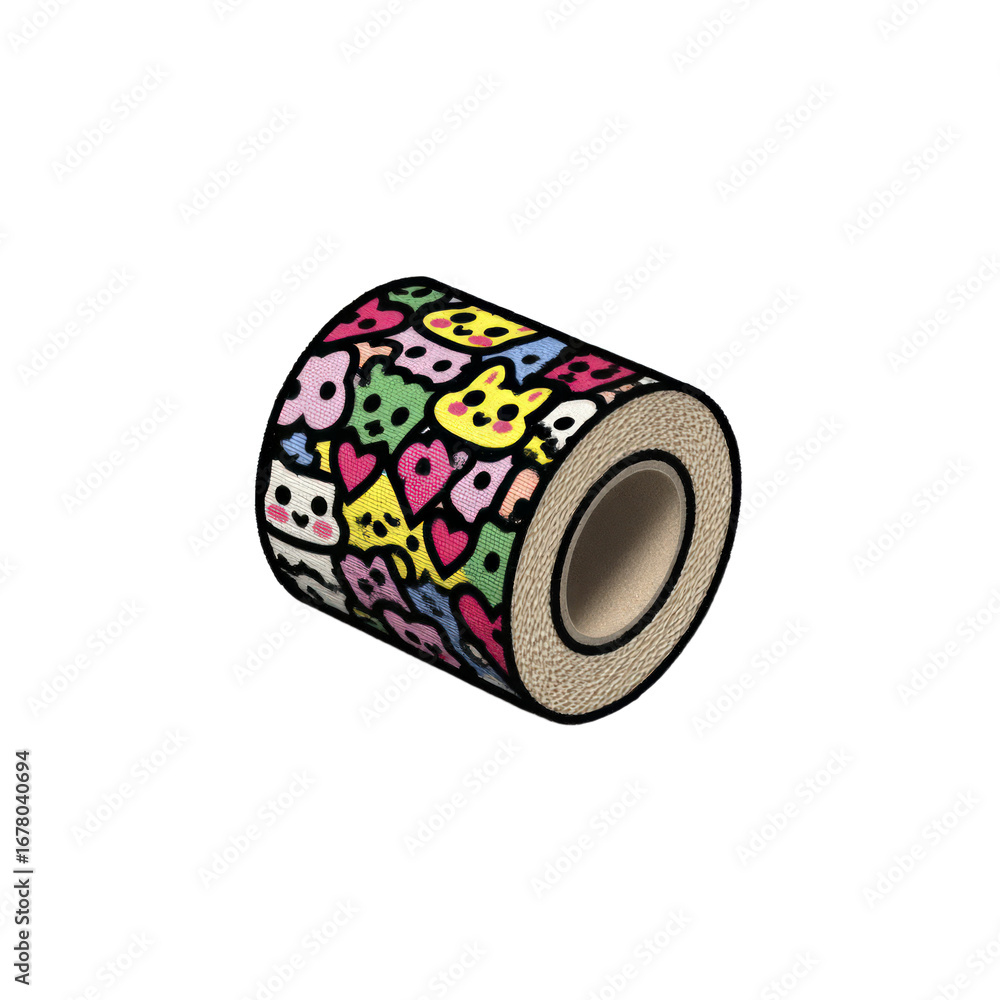 Poster Roll Of Patterned Tape Featuring Colorful Cartoon Faces And Hearts On A Transparent Background