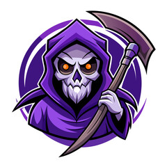 Horned Purple Reaper Mascot with Scythe in Swirling Dark Emblem