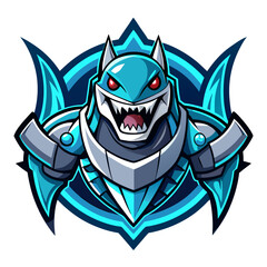 Glowing Cyan Shark Mascot with Robotic Fins in Modern Badge