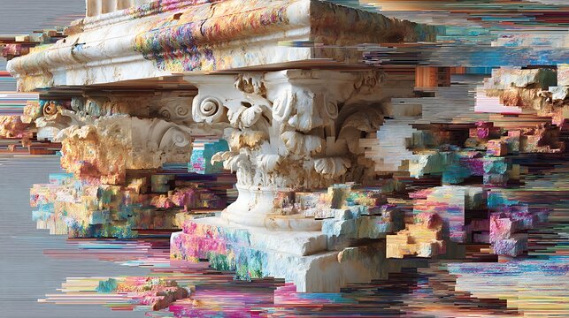 classical stone sculpture, sections corrupted by vibrant glitch distortions, fragmented geometry, pixel bloom effects, hyper-detailed 