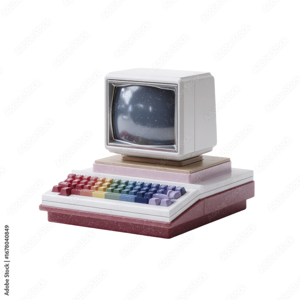 Poster retro computer with rainbow keyboard and white monitor transparent background