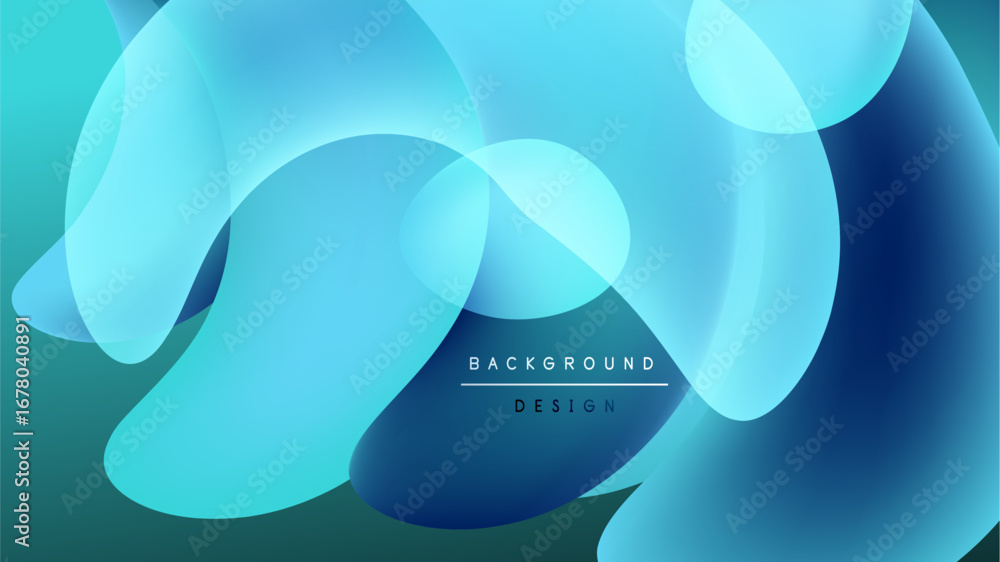 Poster abstract blue shapes overlap, creating flowing design. dark background emphasizes vibrant color grad