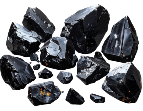 Cluster of Shiny Black Rocks on Glossy Surface, 3D Perspective, isolated on transparent background
