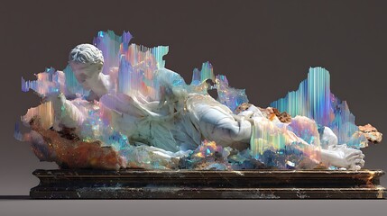 renaissance sculpture, half realistic marble, half broken into neon glitch shards and pixel dust, surreal composition, intricate lighting 