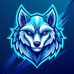Blue-and-Cyan Wolf Mascot with Neon Outline over Dark Abstract Backdrop