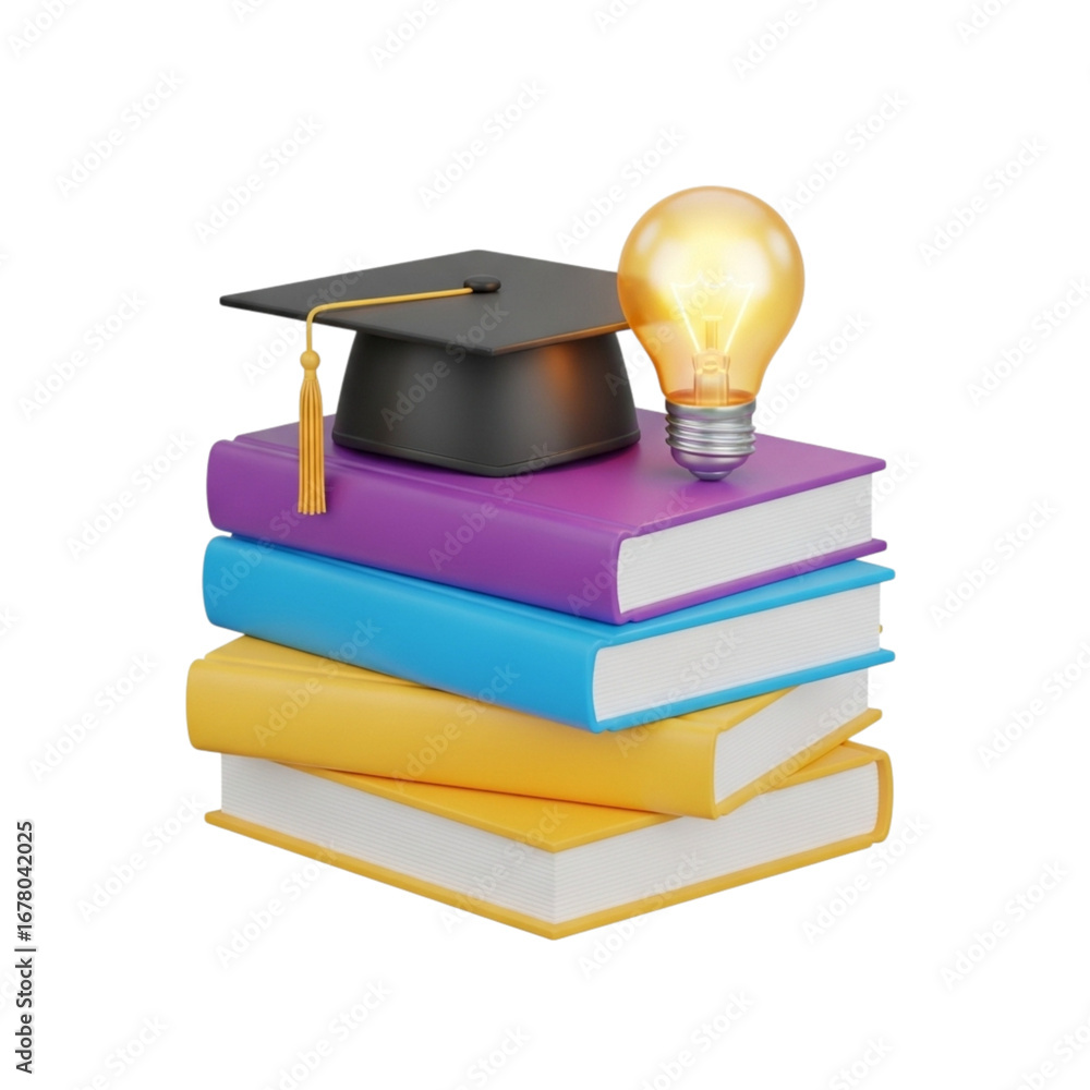 Poster 3d icon of stack of books with graduation cap and light bulb isolated on transparent background