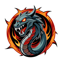 Sleek Serpent Mascot with Fangs and Scales Inside a Circle of Jagged Vector Flames and Vines