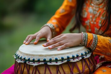 Indian Woman playing traditional indian tabla drums. Hands performing on musical instrument. Traditional music, entertainment culture, performance concept.