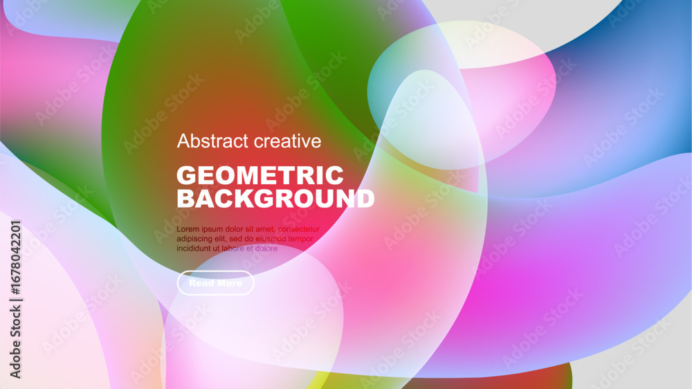 Poster Vibrant overlapping shapes create dynamic background. Colors blend, forming modern abstract composition. Text present, button visible.