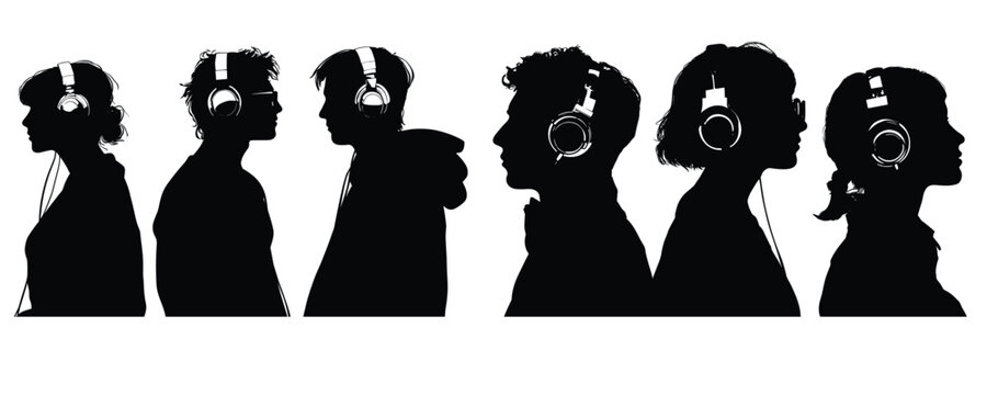 people with headphones silhouette set listening to music vector illustration