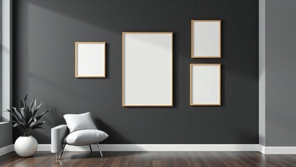 Modern living room interior with framed art on a dark gray wall and a comfortable armchair