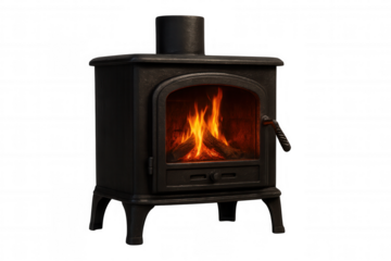 Vintage cast iron fireplace burning wood, radiating cozy warmth against transparent backdrop