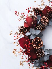 wreath christmas of pinecone, greenery Eucalyptus and berries. Greeting card