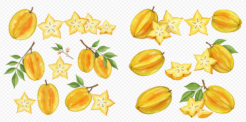 A collection of watercolor starfruit illustrations, showing whole carambolas, star-shaped slices, and fruits on branches with leaves.
