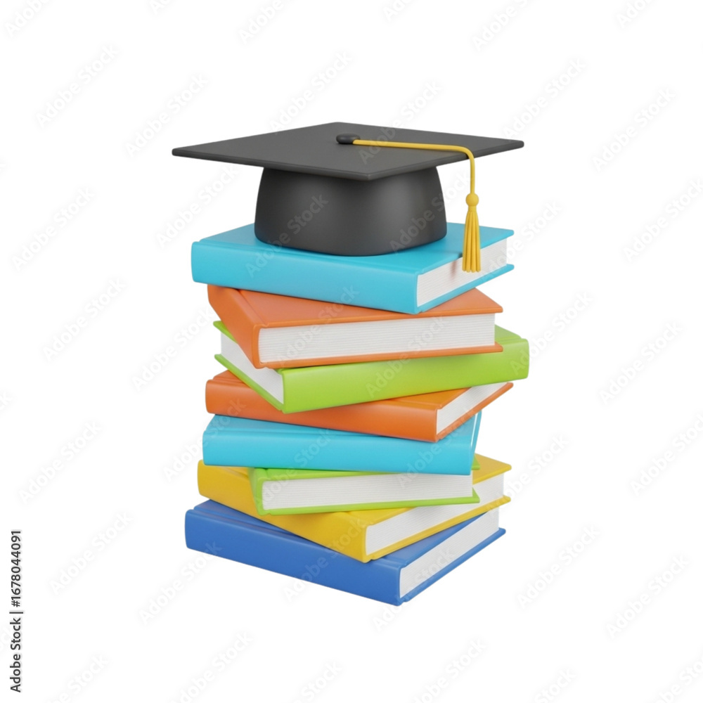 Poster 3d icon of graduation cap on a stack of books isolated on transparent background