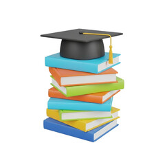 3d icon of graduation cap on a stack of books isolated on transparent background