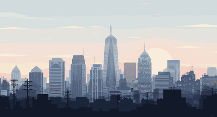 Fototapeta premium Serene city skyline at dawn with modern skyscrapers bathed in soft pastel light, evoking urban tranquility and new beginnings.