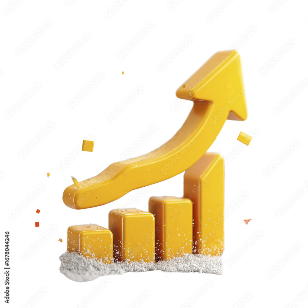 Poster yellow graph bars and upward arrow with confetti and snow transparent background