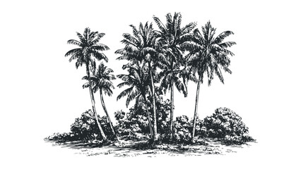 Pen and ink drawing of a cluster of palm trees with lush foliage on a transparent background. Vector hand drawn illustration