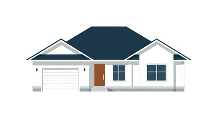 Modern single-story ranch house with dark blue roof and garage door, perfect for real estate and architectural concepts.