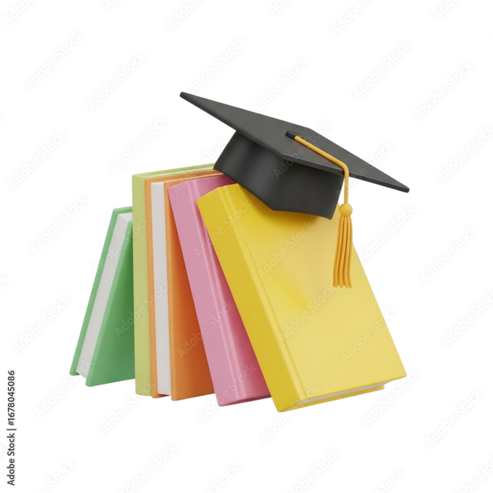 Poster 3d icon of graduation cap on stack of colorful books isolated on transparent background