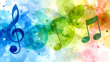 Colorful musical notes on a vibrant watercolor background