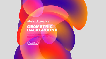 Abstract colorful shapes overlap, creating vibrant geometric background. Text includes geometric background, plus sample lorem ipsum text. Button visible.