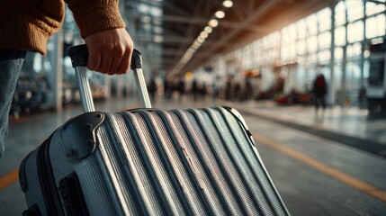 Man pulling a suitcase with a handle at the train station platform. Useful for travel, business trips, vacation, and moving content.