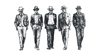 Five men in hats and suits walking with hands in pockets. Vector hand drawn illustration