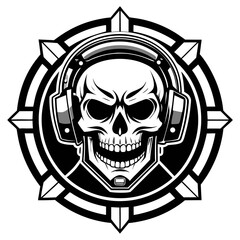 Monochrome Mechanical Skull with Gaming Headset Clan Badge