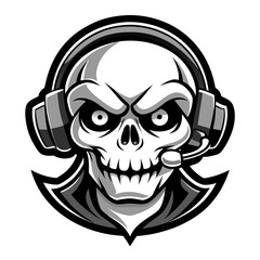 Cartoon Skull Mascot with Headset in Black and White Esports Format
