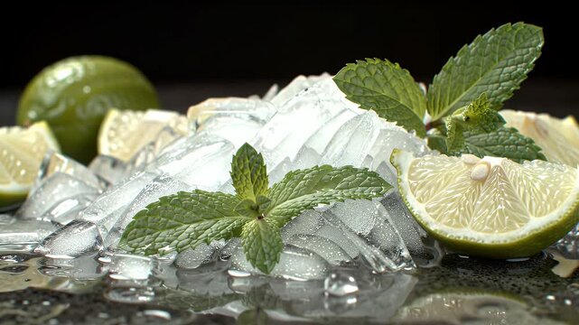 Close Up Refreshing Citrus Presentation with Ice Cubes Green Limes and Mint Leaves with Water Droplets Displayed on Dark Surface and Evokes Coolness a Perfect Summer Drink Ad More Than 200 Character