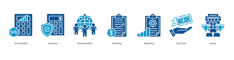 Financial Management banner web icon set vector illustration concept with icon of tax calculate, insurance, representative, planning, reporting, cash flow, assets