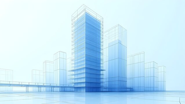 Futuristic 3D wireframe architectural design of modern high-rise office building in digital city visualization