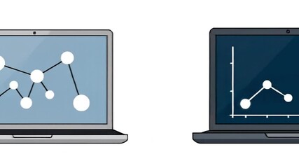 Digital information concept with two laptops displaying data analysis charts, one showing a network connection diagram and the other a statistical line graph - Powered by Adobe