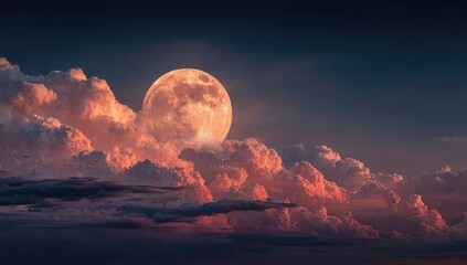 Full moon through vibrant clouds at dusk
